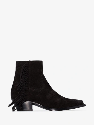 Shop Saint Laurent Black Lukas Frayed Suede Leather Boots