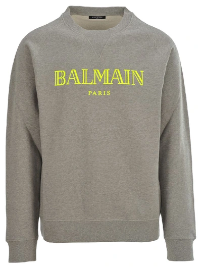 Shop Balmain Fluo Logo Print Sweatshirt In Grey + Fluo