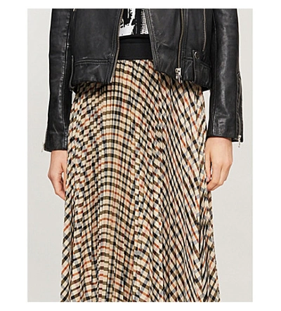 Shop Maje Checked Chiffon Midi Skirt In Brown