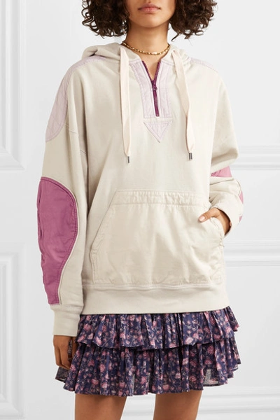 Shop Isabel Marant Étoile Nansel Paneled Cotton-blend Jersey And Twill Hoodie In Neutral