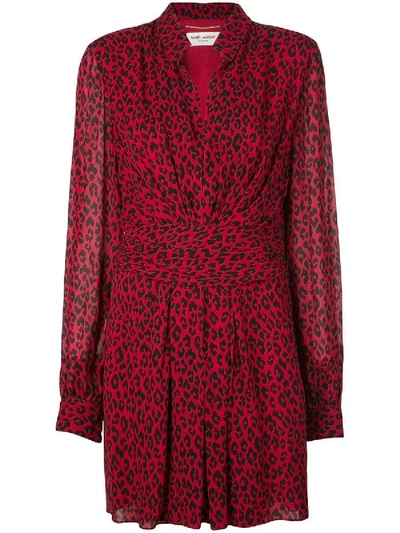 Shop Saint Laurent Red Leopard Draped Short Dress