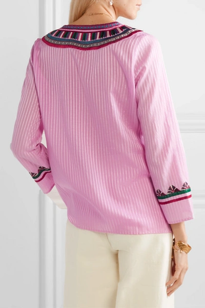 Shop Figue Lily Tasseled Embroidered Striped Voile Top In Baby Pink