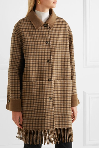 Shop Nanushka Marzy Fringed Checked Wool And Silk-blend Coat In Brown