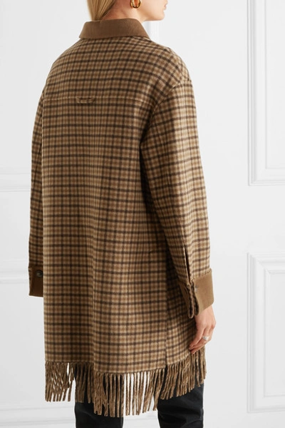 Shop Nanushka Marzy Fringed Checked Wool And Silk-blend Coat In Brown