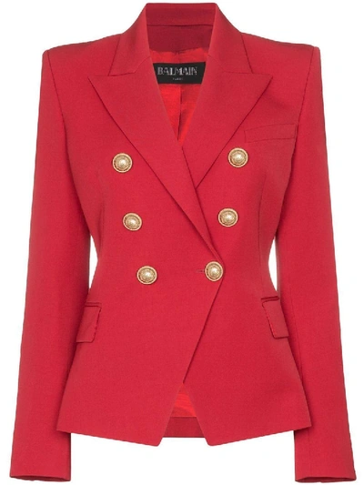 Shop Balmain Classic Peaked Lapel Blazer Red