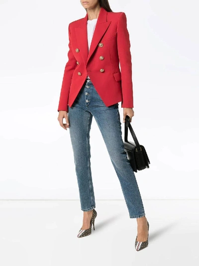 Shop Balmain Classic Peaked Lapel Blazer Red