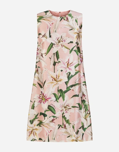 Shop Dolce & Gabbana Short Lily-print Shantung Dress In Pink