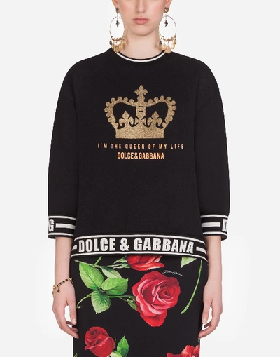 Shop Dolce & Gabbana Short Sweatshirt With I'm The Queen Of My Life Print In Black