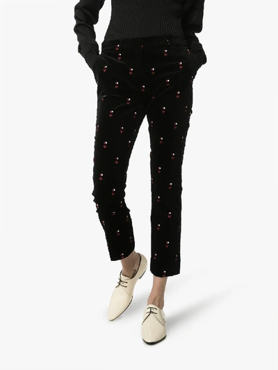 Shop Frame Embroidered Heart Velvet Cropped Trousers In Black