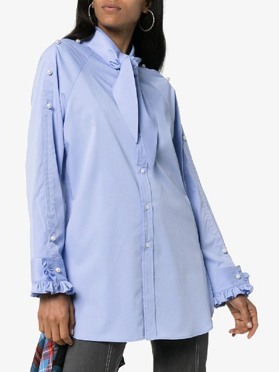 Shop Blindness Pearl Appliqué Pussybow Shirt In Blue