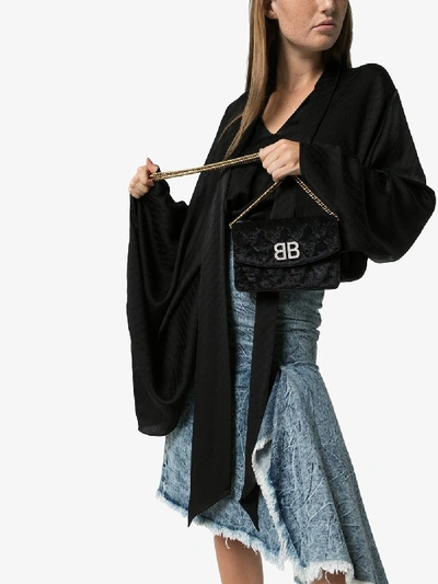 Shop Balenciaga Black Velvet Bb Crystal Logo Bag In 1000 Black