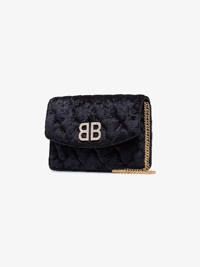 Shop Balenciaga Black Velvet Bb Crystal Logo Bag In 1000 Black