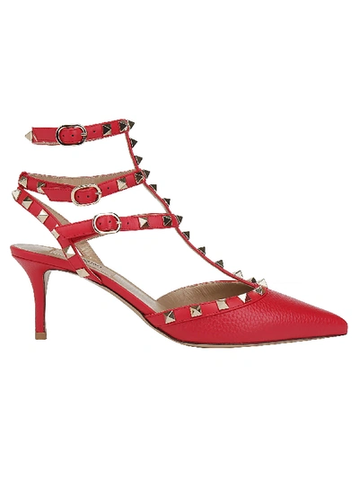 Shop Valentino Rockstud Ankle Strap Pumps In Rouge Pure