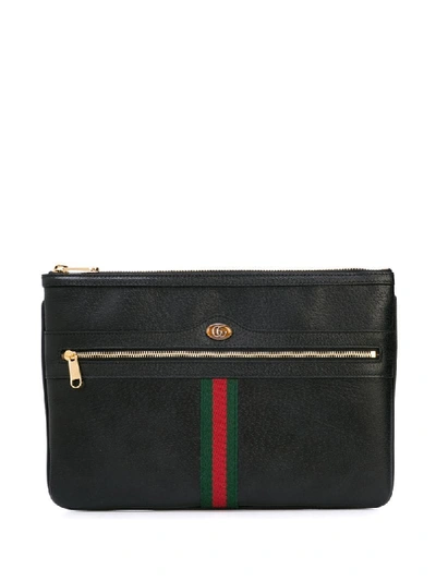 Shop Gucci Zipped Web Detailed Clutch In Black