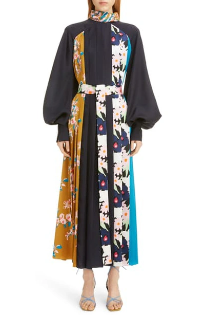 Shop Roksanda Floral Panel Long Sleeve Silk Twill Maxi Dress In Midnight