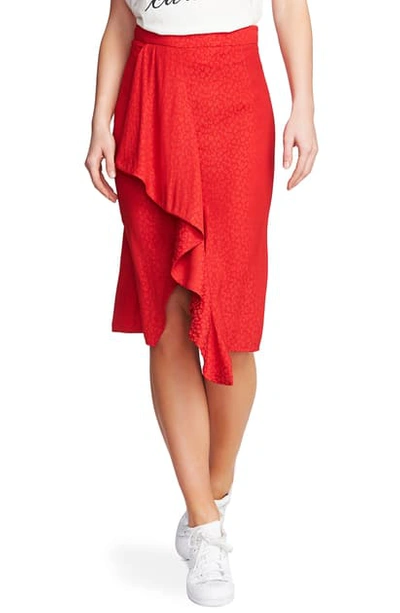Shop 1.state Ruffle Front Leopard Jacquard Pencil Skirt In Cherry Red