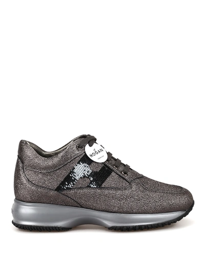 Shop Hogan Interactive Crackled Leather Sneakers In Taupe