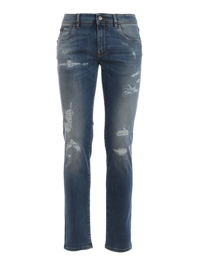 Shop Dolce & Gabbana Distressed Denim Five Pocket Jeans In Medium Wash