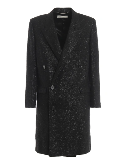 Shop Saint Laurent Spangled Tweed Double-breasted Coat In Black