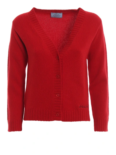 Shop Prada Logo Wool And Cashmere Cardigan In Red