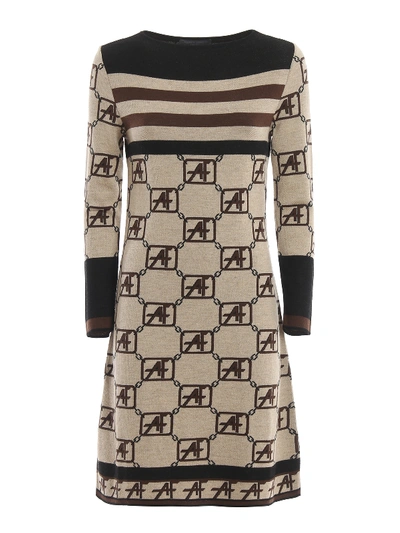 Shop Alberta Ferretti Logo Jacquard Wool Knit Dress In Light Brown