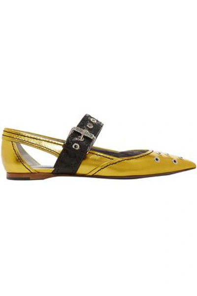 Shop Bottega Veneta Woman Embellished Cutout Metallic Leather Point-toe Flats Gold