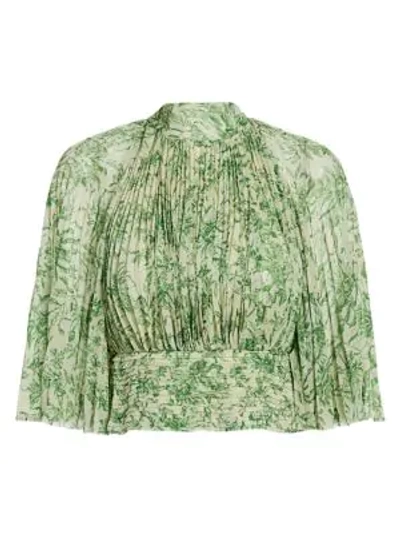 Shop Amur Lee Plissé Leaf-print Blouse In Ecru Green