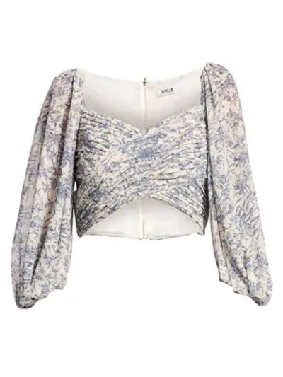 Shop Amur Debbie Crop Floral Porcelain-print Blouse In Ecru Grey Blue