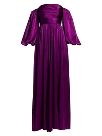 Shop Amur Ollie Off-the-shoulder Wide-leg Silk Jumpsuit In Purple