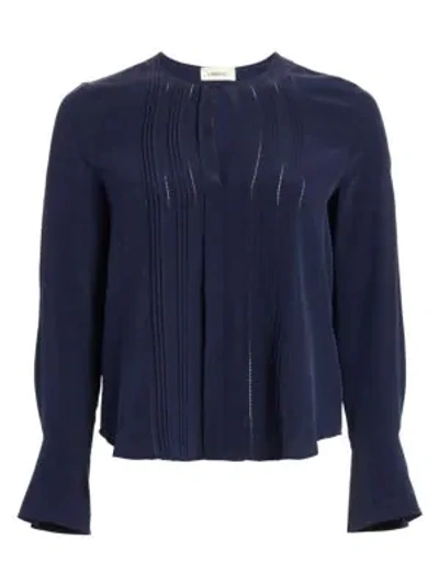 Shop L Agence Simone Pleated Silk Blouse In Navy