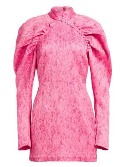 Shop Rotate Birger Christensen N.1 Jacquard Mini Puff-sleeve Sheath Dress In Pink Carnation