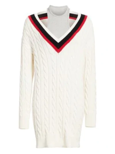 Shop Alexander Wang T Women's Layered Varsity Longline Cable-knit Sweater In Ivory