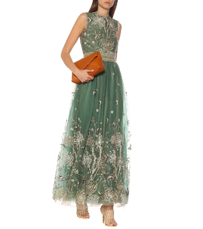 Shop Costarellos Embroidered Tulle Gown In Green