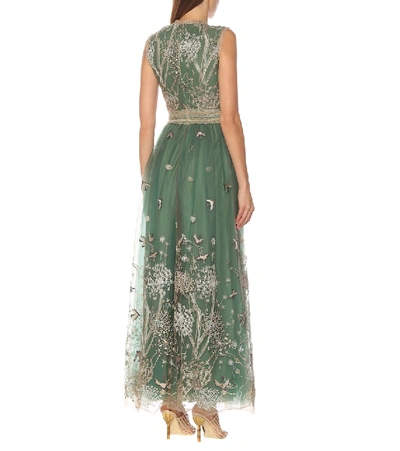 Shop Costarellos Embroidered Tulle Gown In Green