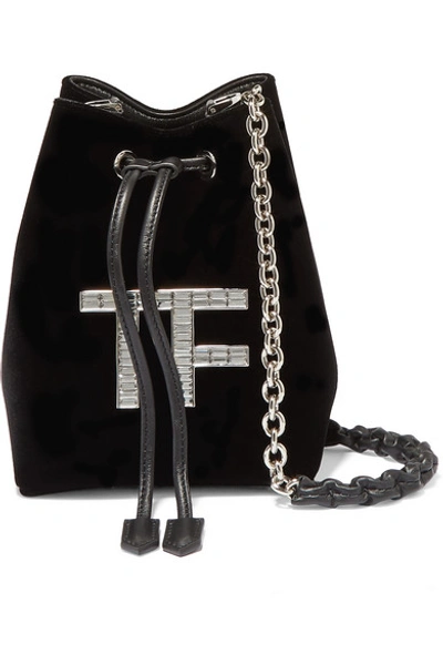 Shop Tom Ford Mini Crystal-embellished Velvet Bucket Bag In Black