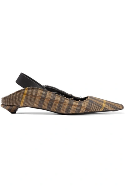 Shop Proenza Schouler Frayed Checked Wool And Linen-blend Slingback Pumps In Brown