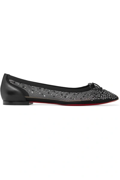 Shop Christian Louboutin Patio Crystal-embellished Mesh And Leather Ballet Flats In Black