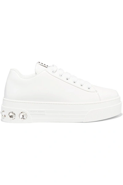 Shop Miu Miu Crystal-embellished Patent-leather Platform Sneakers In White