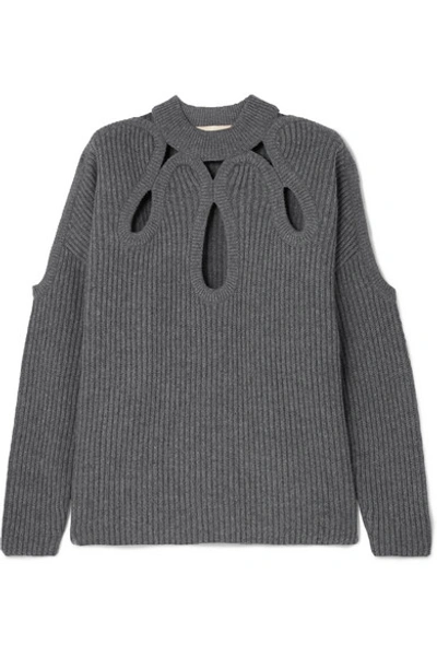 Shop Antonio Berardi Cutout Ribbed Wool And Cashmere-blend Sweater In Gray