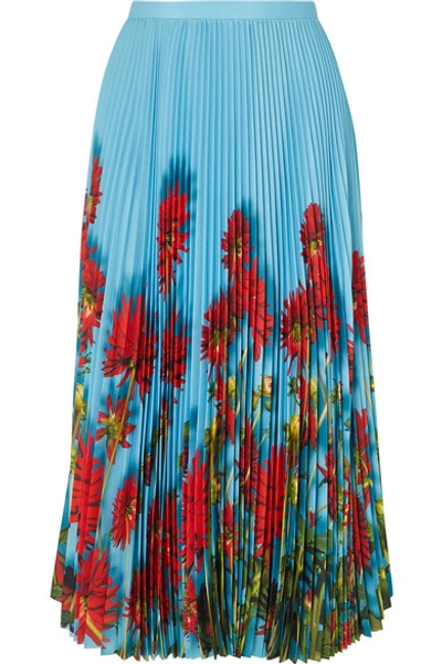 Shop Dries Van Noten Sax Pleated Floral-print Crepe De Chine Midi Skirt In Light Blue