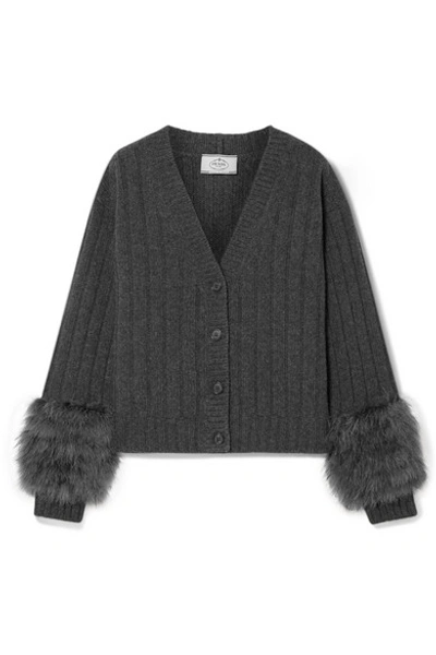 Shop Prada Feather-trimmed Ribbed Wool And Cashmere-blend Cardigan In Charcoal