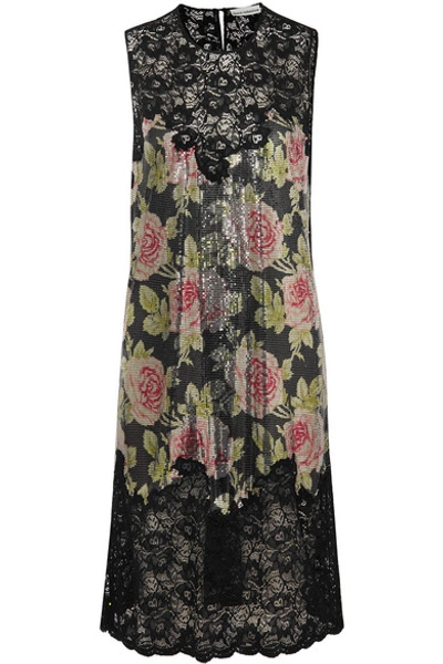Shop Paco Rabanne Floral-print Chainmail And Corded Lace Dress In Black