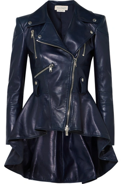 Shop Alexander Mcqueen Leather Peplum Biker Jacket In Navy