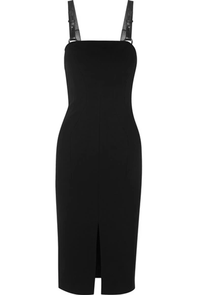 Shop Tom Ford Leather-trimmed Stretch-crepe Midi Dress In Black