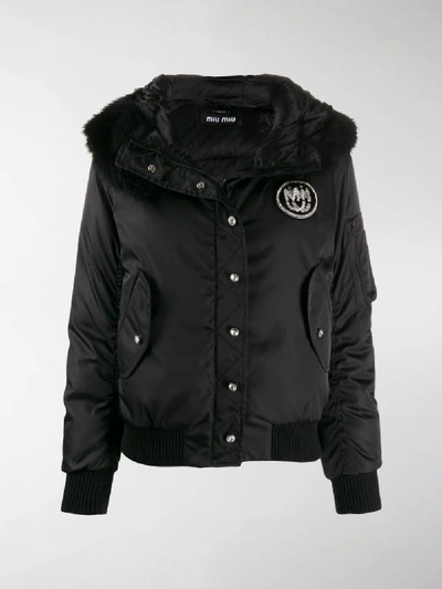 Shop Miu Miu Hooded Puffer Logo Jacket In Black