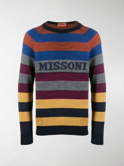 Shop Missoni Logo Striped Jumper In Blue