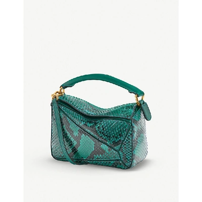 Shop Loewe Puzzle Mini Snake-effect Leather Shoulder Bag In Emerald Green