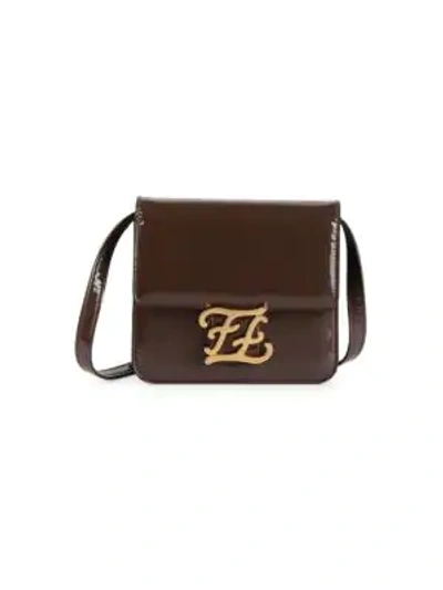 Shop Fendi Karligraphy Patent Leather Crossbody Bag In Brown