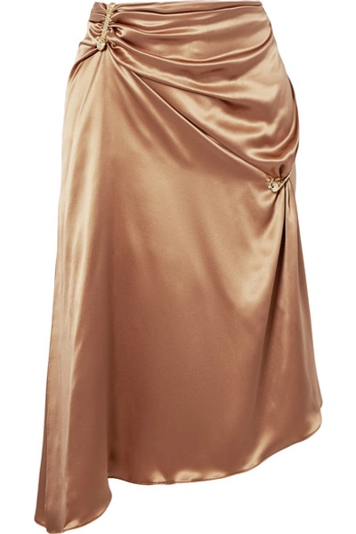 Shop Versace Embellished Asymmetric Silk-charmeuse Skirt In Tan