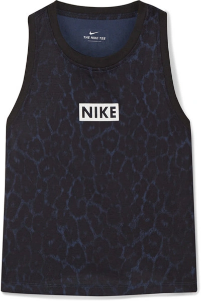 Shop Nike Cropped Leopard-print Dri-fit Tank In Midnight Blue